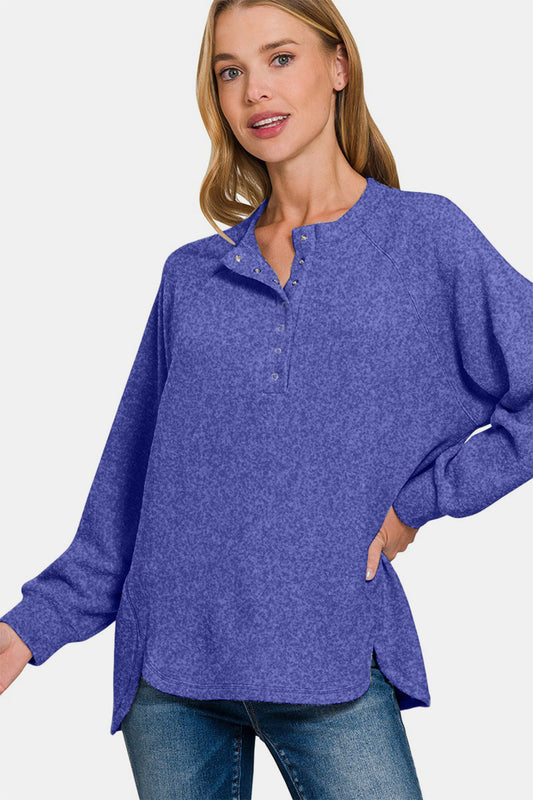 Zenana Brushed Melange Curved Hem Henley Sweater in Bright Blue