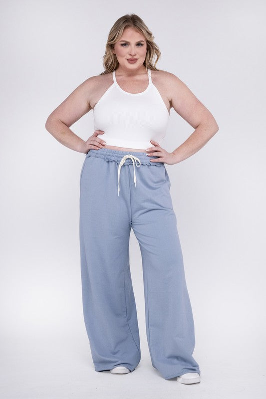 Zenana Plus French Terry Raw Hem Wide Leg Sweatpants in Ash Blue or Dusty Pink