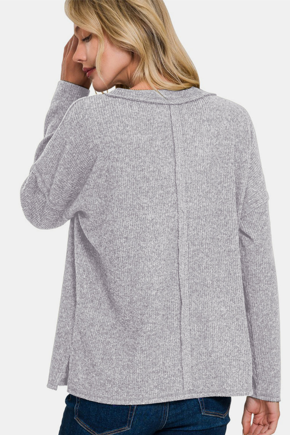 Zenana Exposed Seam Ribbed Long Sleeve V-Neck Top in Heather Gray Sm to 3XL