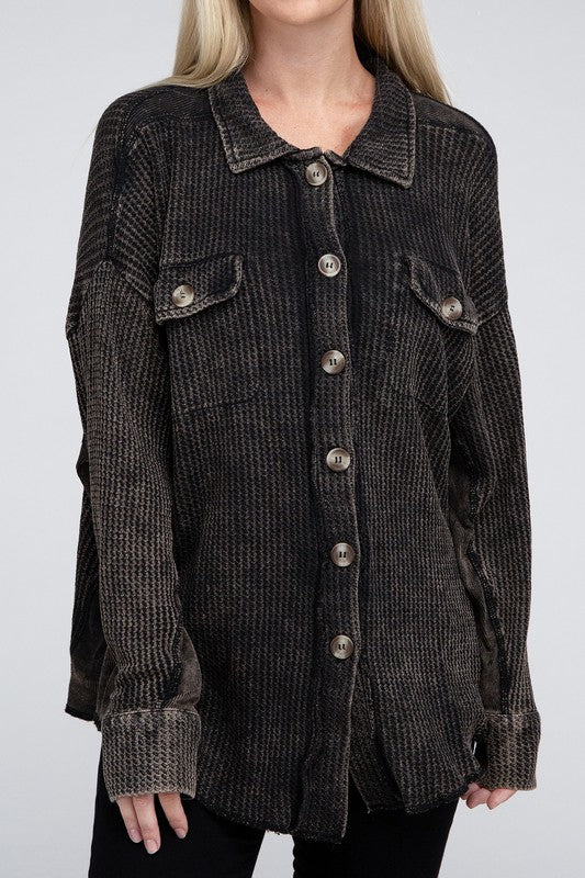 Zenana Acid Washed Oversized Waffle-Knit Shirt Jacket in Ash Black