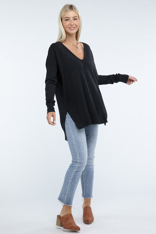 Zenana Front Seam Side Slit V-Neck Tunic Sweater in 5 Colors