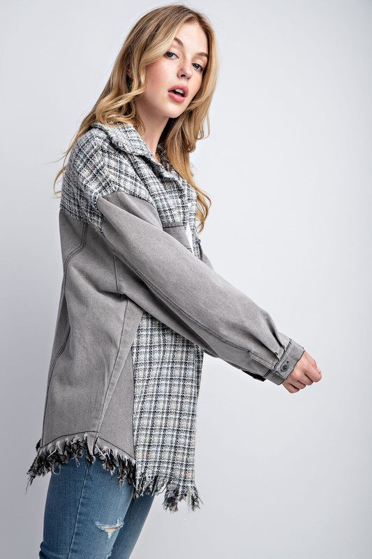 Sweet Generis Oversized Tweed and Denim Shirt Jacket with Fringed Hem