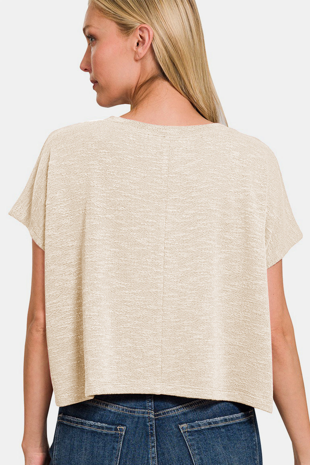 Zenana Cropped V-Neck T-Shirt in Sand Beige