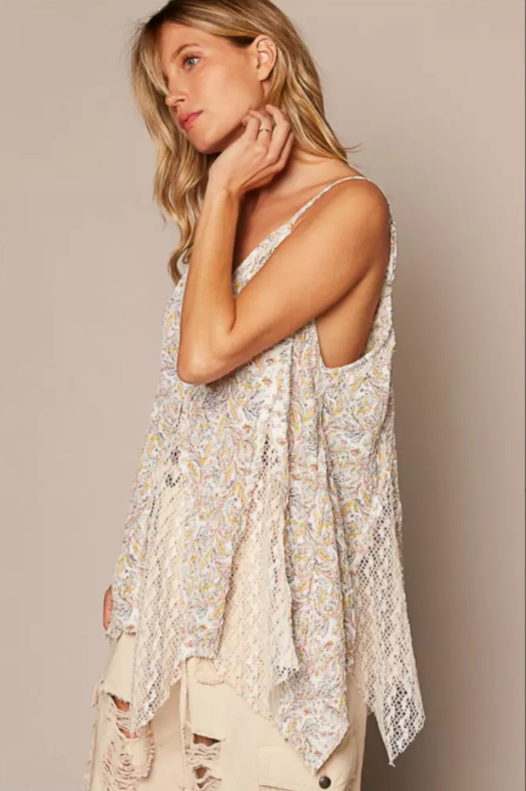 POL Crochet & Paisley V-Neck Tunic Cami Tank Top