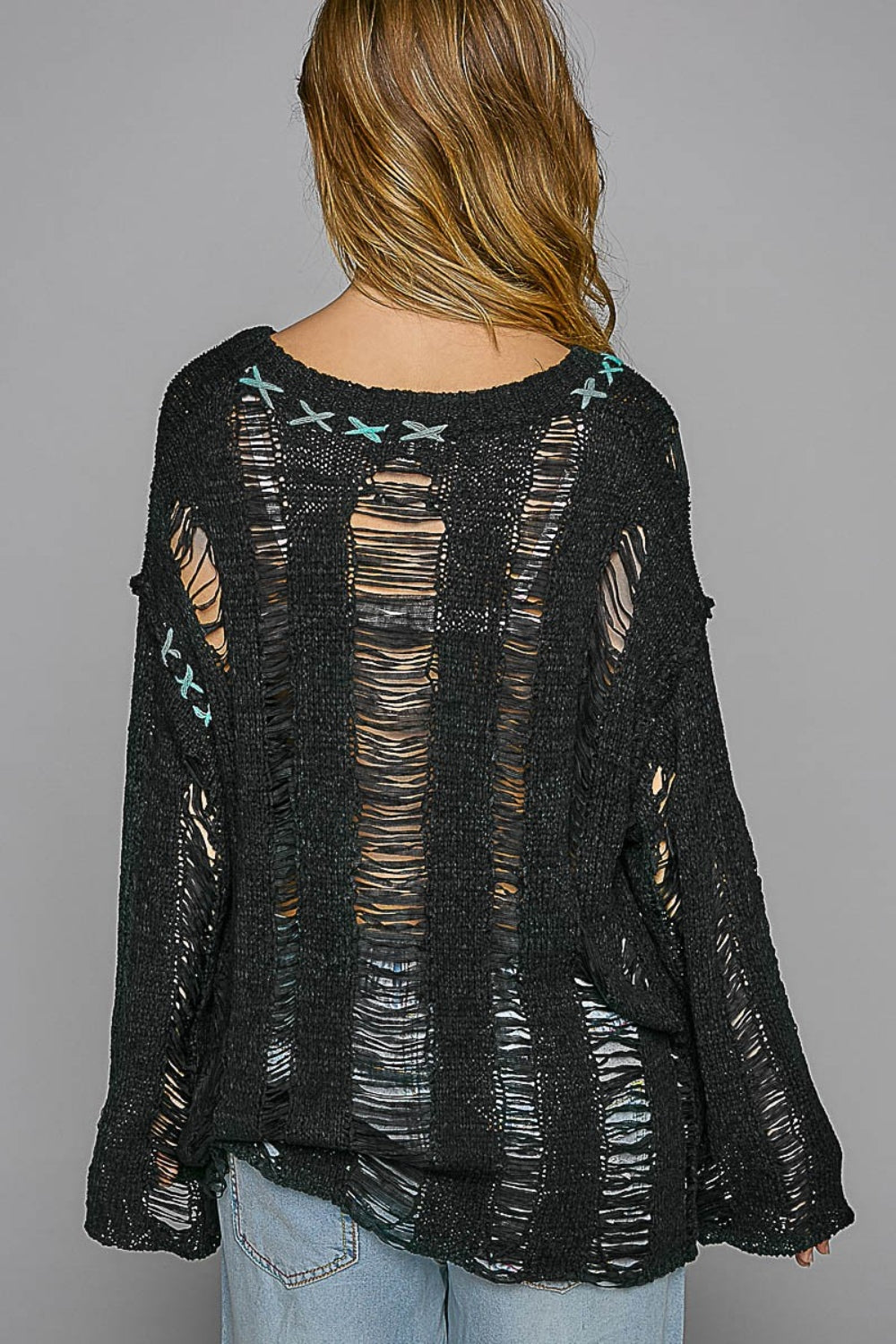 POL Distressed Loose-Knit Long Sleeve V-Neck Top