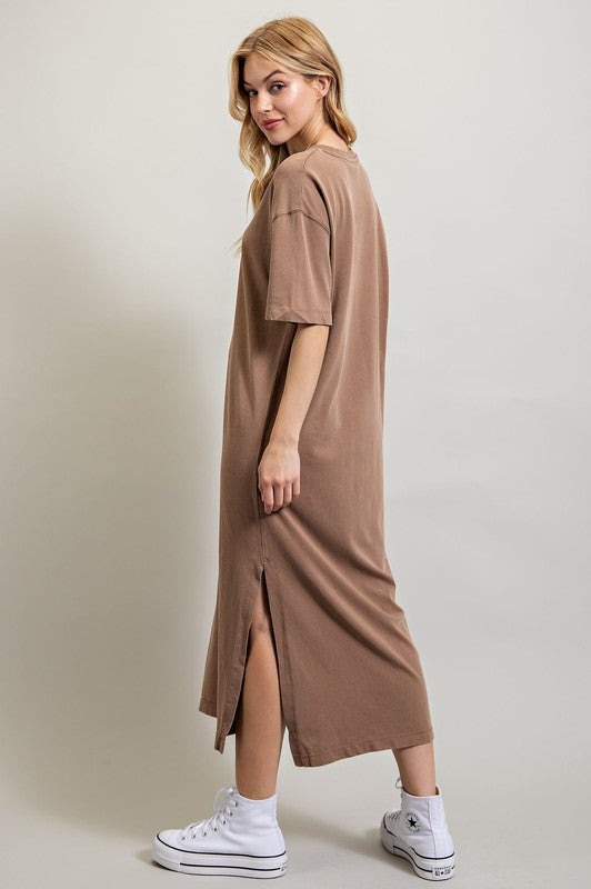 Sweet Generis Washed Cotton Half Sleeve T-Shirt Midi Dress in Charcoal or Taupe