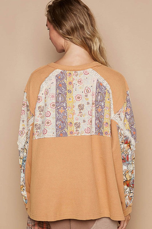 POL Waffle-Knit Lace Detail Round Neck Top in Sherbet Multi NWT