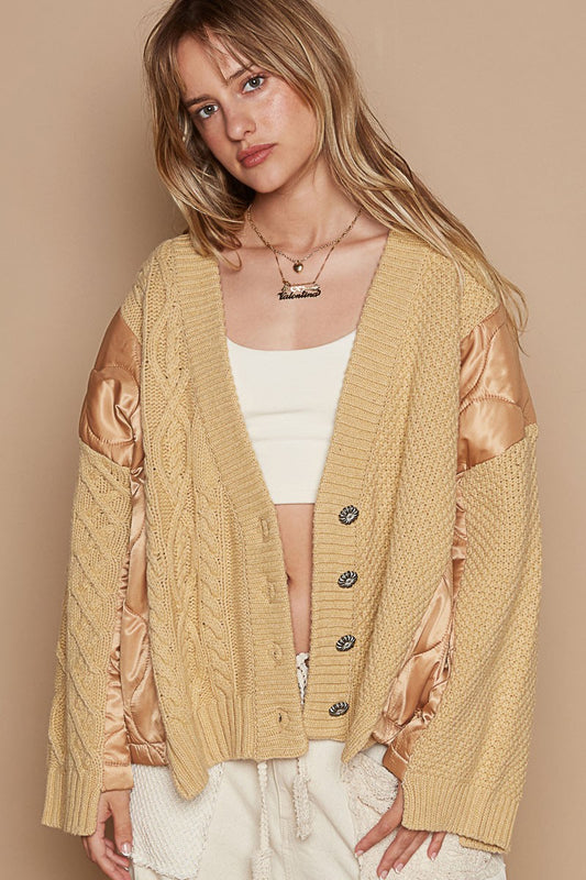 POL Quilting Patchwork Button Up Cable Knit V-Neck Jacket in Camel Multi