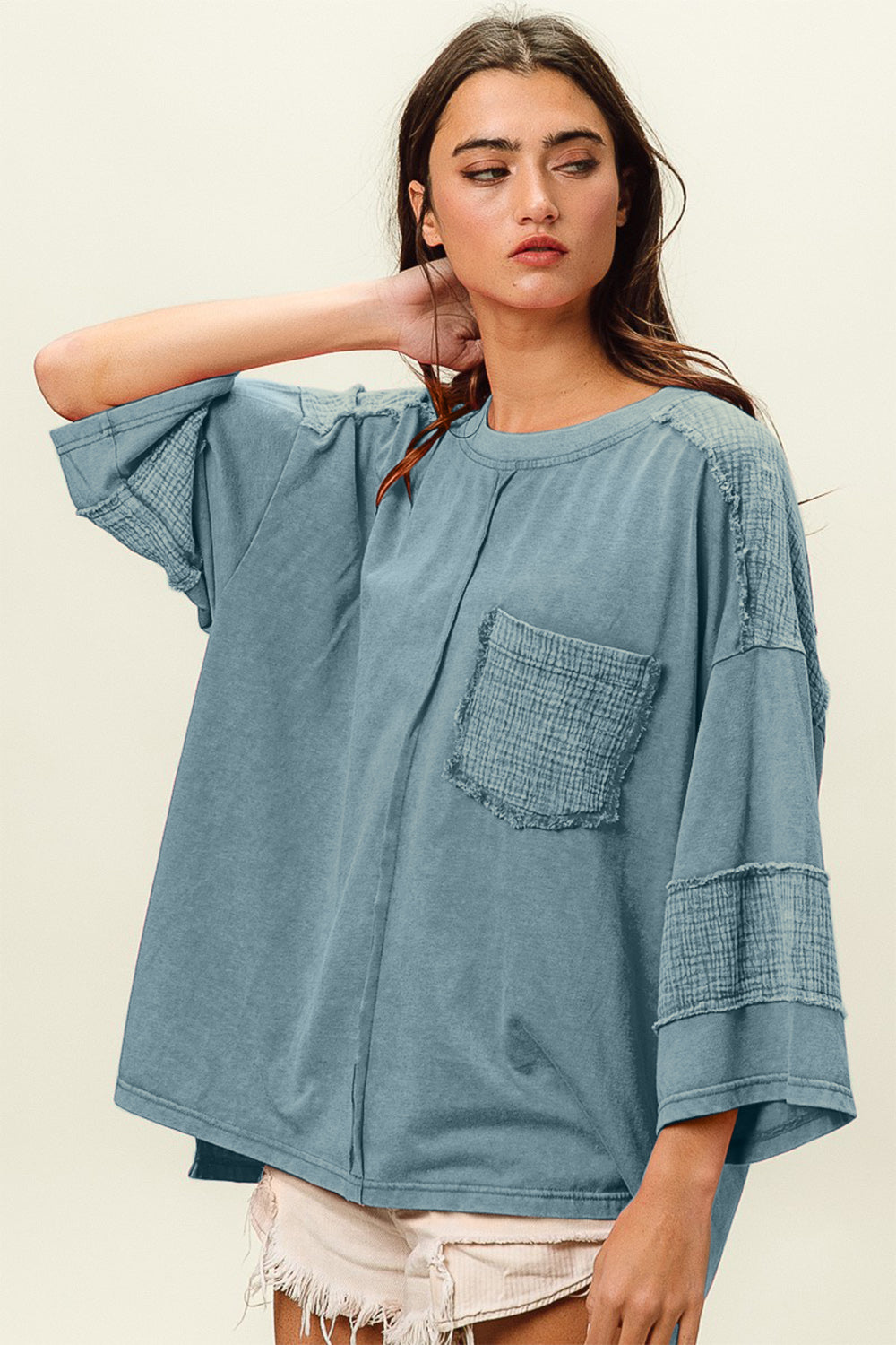 BiBi Oversized Washed High-Low 3/4 Sleeve T-Shirt