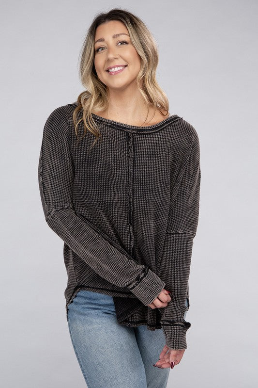 Zenana Plus Color Wash Waffle-Knit Exposed Seam Long Sleeve Boat Neck Top in 2 Colors