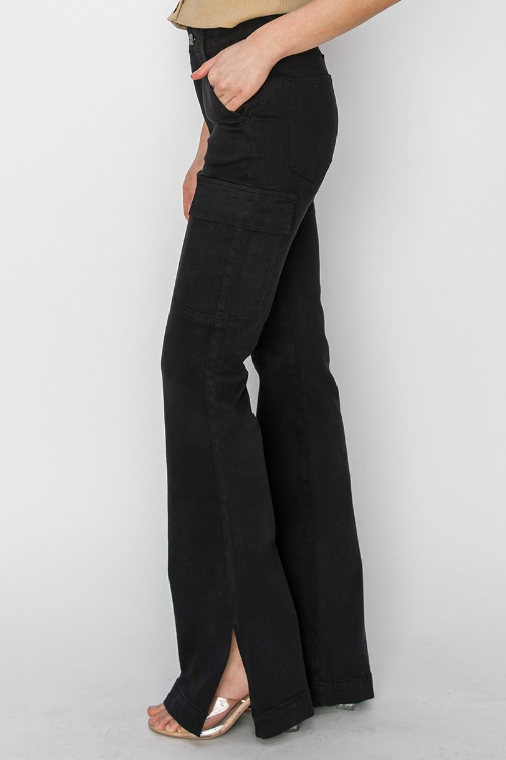 RISEN Full Size High Rise Slit Hem Cargo Bootcut Jeans in Black