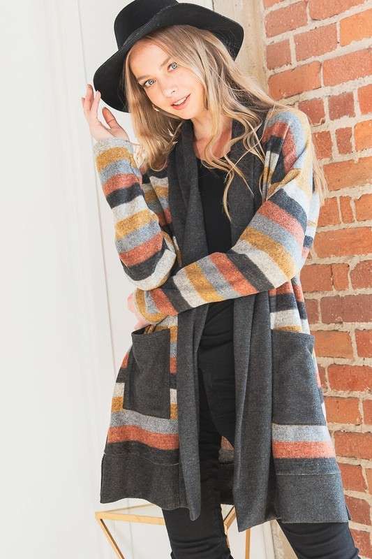 Jade by Jane Plus Multicolor Striped Longline Open Front Cardigan Sweater