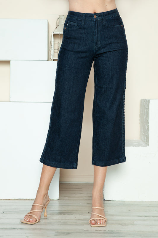 Judy Blue Full Size Braid Detail Side Seam Cropped Wide Leg Jeans in Dark Wash Blue