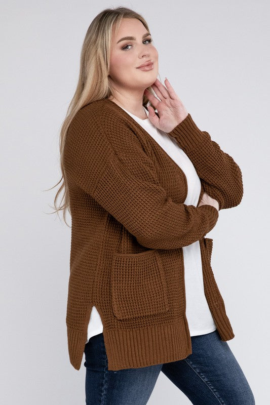 Zenana Plus Waffle-Knit Open Front Tunic Cardigan Sweater with Pockets in 4 Colors