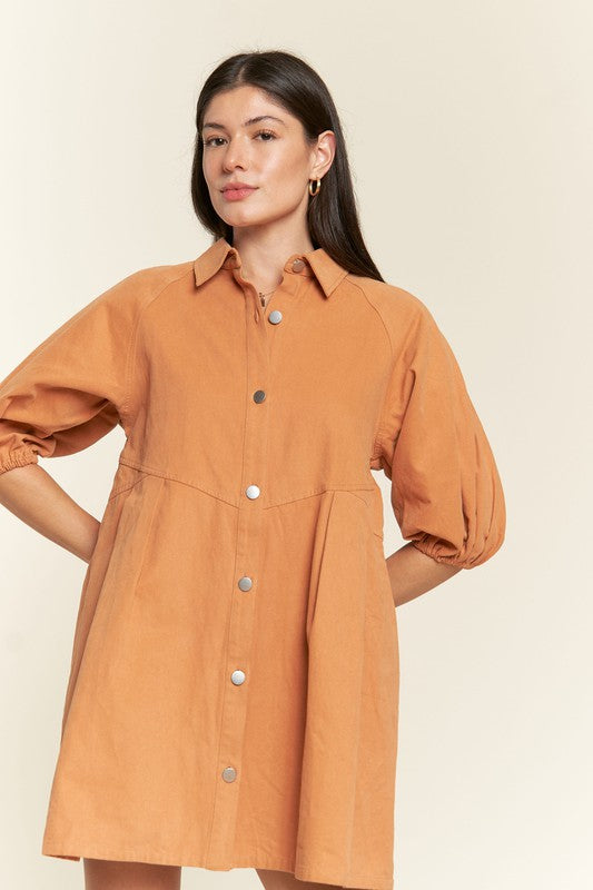 Jade By Jane Washed Denim Collared Button Front Puff Sleeve Mini Dress in 2 Colors