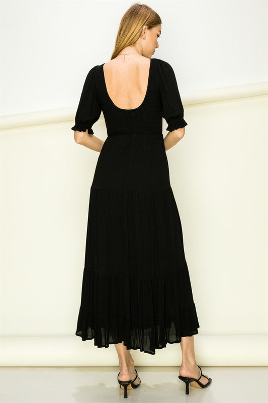 HYFVE Half Sleeve Smocked Backless Tiered Maxi Dress in Black