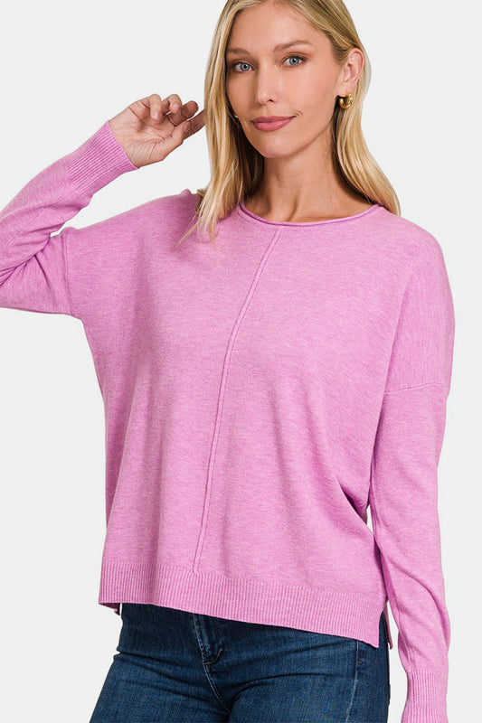 Zenana Front Seam Round Neck Sweater in Moonlit Mauve Pink NWT