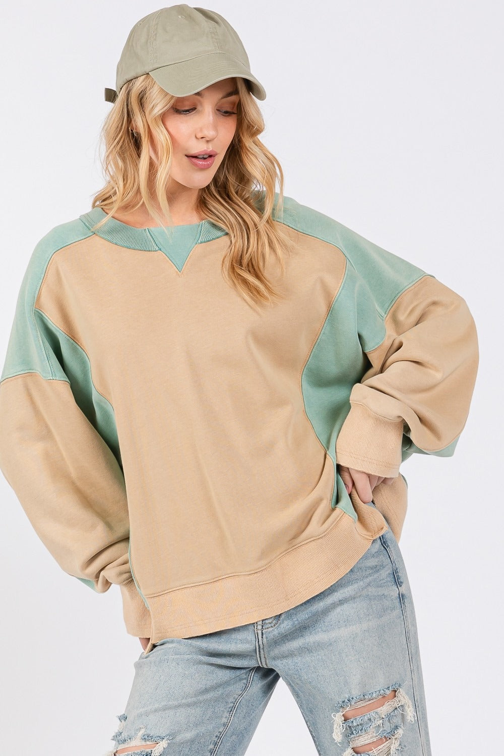 SAGE + FIG Oversized Color Block Round Neck Sweatshirt in Mint Cookie NWT