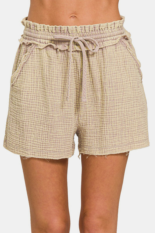 Zenana Washed Raw Hem Drawstring Shorts in Ash Mocha