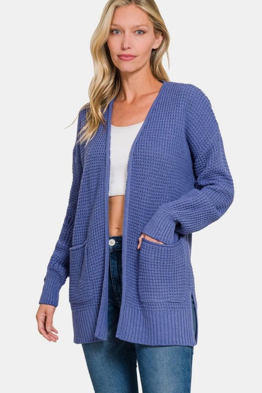 Zenana Waffle Knit Open Front Tunic Cardigan Sweater in Marlin Blue