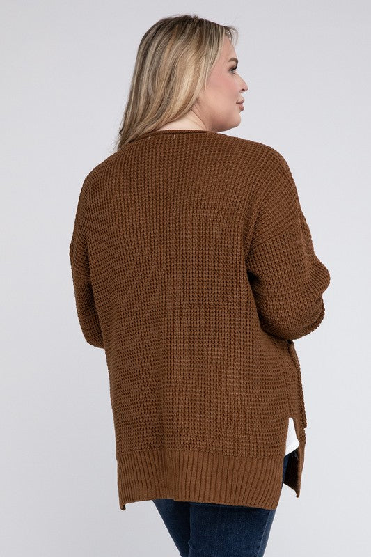 Zenana Plus Waffle-Knit Open Front Tunic Cardigan Sweater with Pockets in 4 Colors