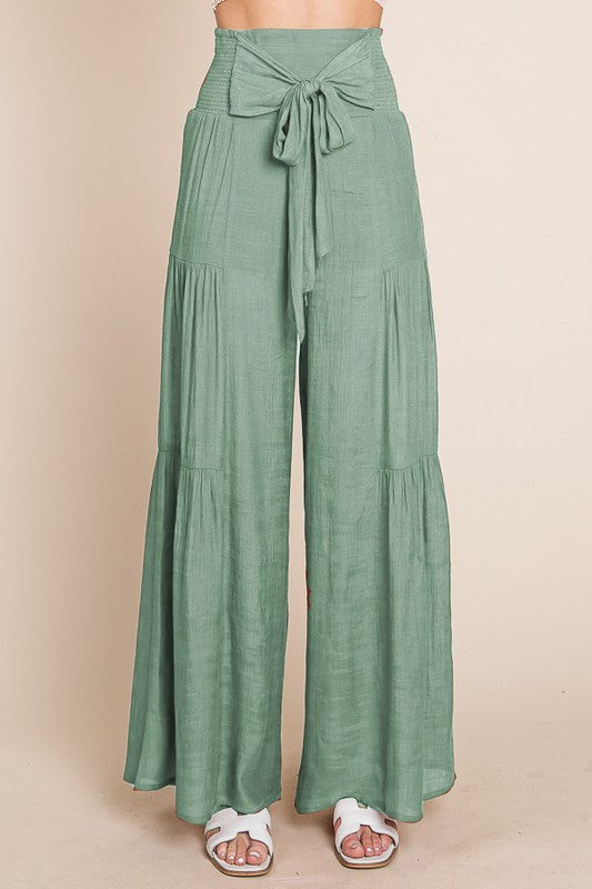 Jade By Jane Plus Size Tie Front Ruched Waist Wide Leg Pants