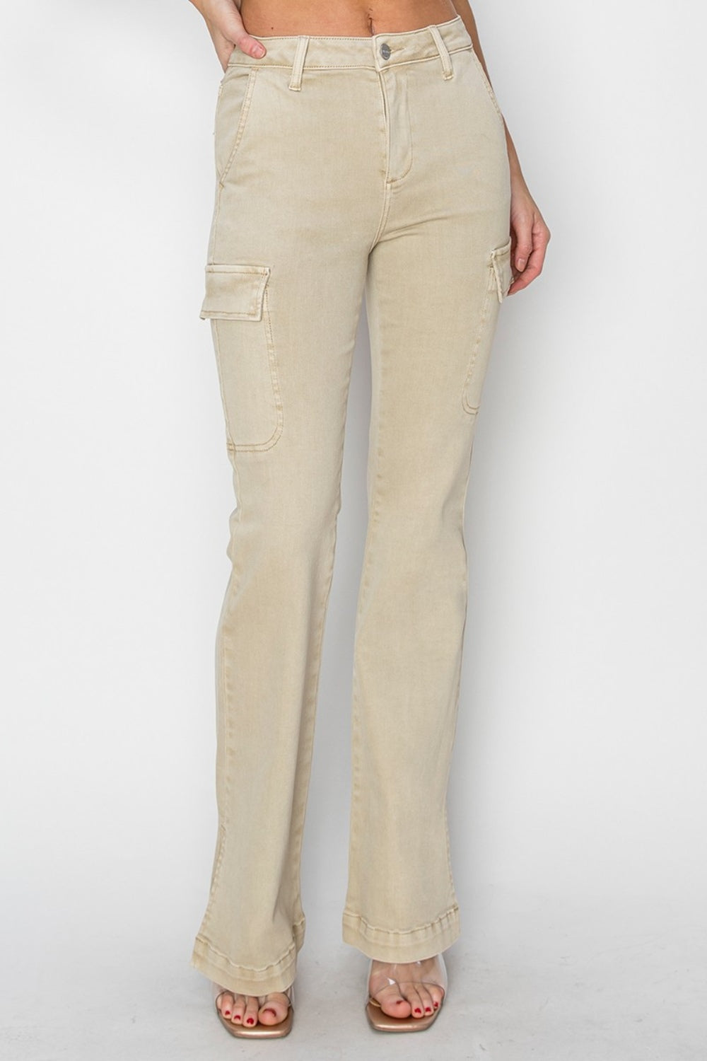 RISEN Full Size High Rise Side Slit Cargo Bootcut Jeans in Stone Beige