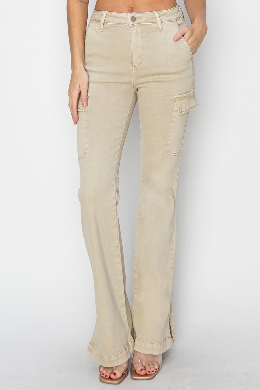 RISEN Full Size High Rise Side Slit Cargo Bootcut Jeans in Stone Beige