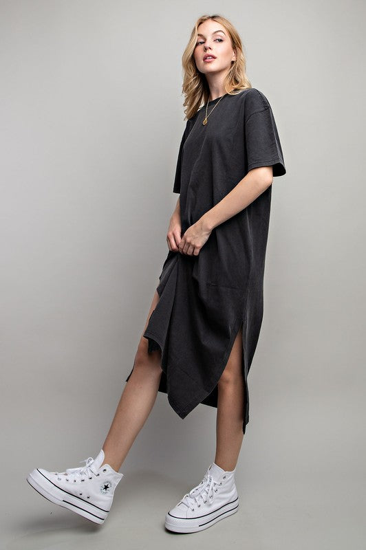 Sweet Generis Washed Cotton Half Sleeve T-Shirt Midi Dress in Charcoal or Taupe