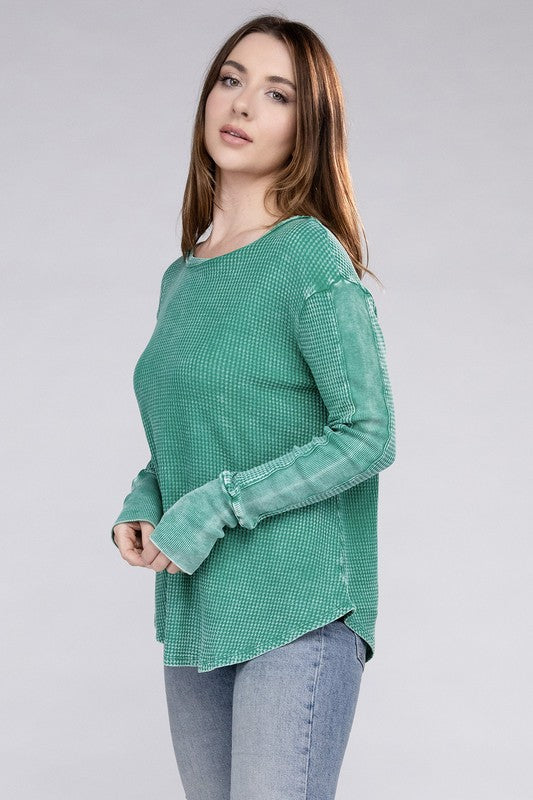 Zenana Washed Waffle-Knit Raw Hem Long Sleeve Tunic T-Shirt in 4 Colors