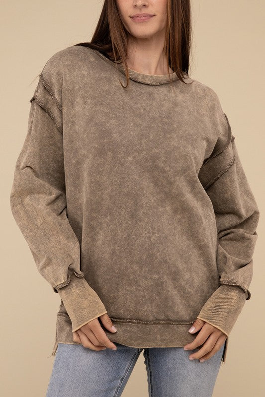 Zenana Acid Wash French Terry Exposed Seam Tunic Sweatshirt in Mocha or Ash Black