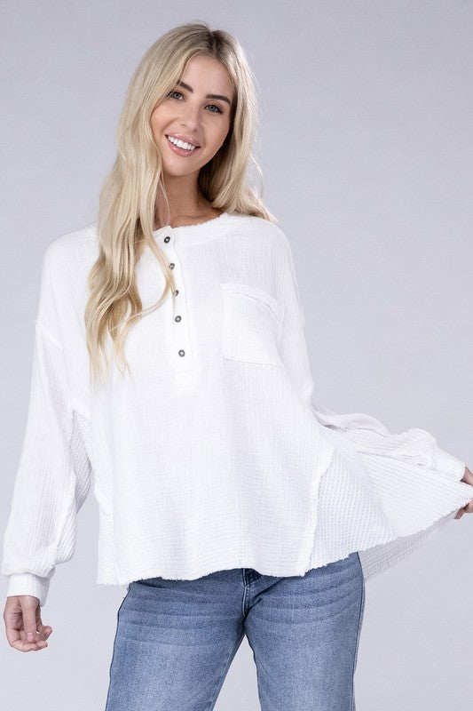 Zenana Double Cotton Gauze Oversized Raw Hem Henley Shirt in 8 Colors