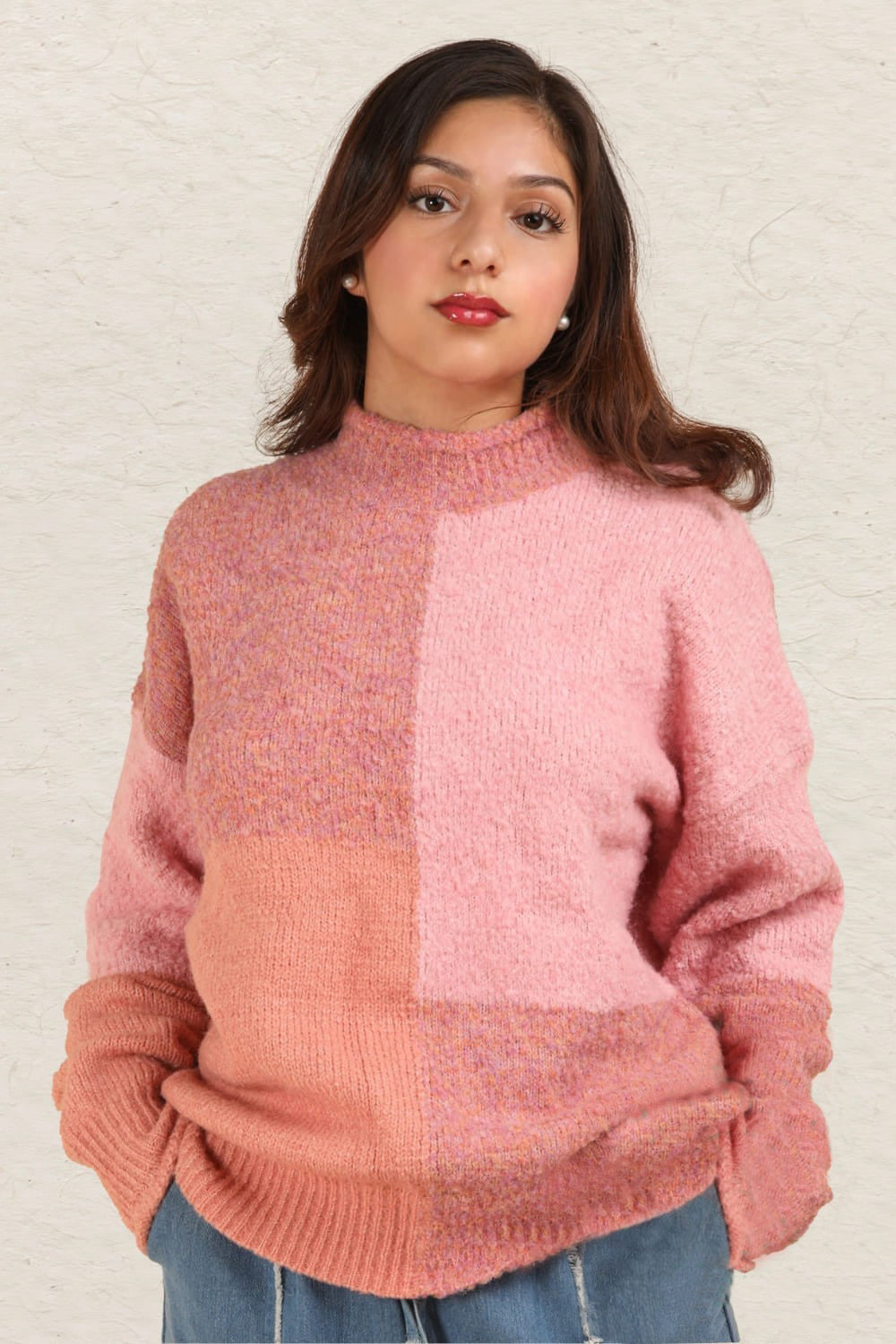 VERY J Mock Neck Color Block Drop Shoulder Sweater in Pink Multi NWT