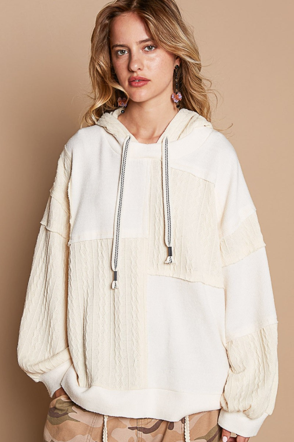 POL Exposed Seam Hooded Knit Top in Cream Mixed Knit Drawstring