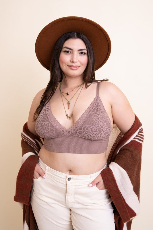 Leto Accessories Plus Size Embroidered Lace V-Neck Brami Bralette in 7 Colors