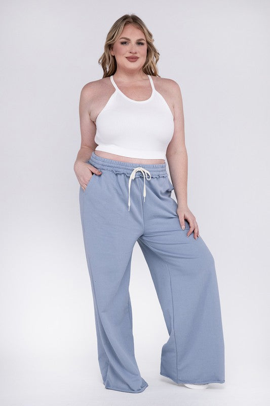 Zenana Plus French Terry Raw Hem Wide Leg Sweatpants in Ash Blue or Dusty Pink