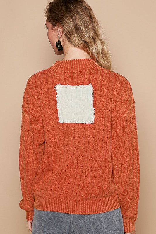 POL Heart Peace Patch Half Zip Cable-Knit Sweater in Orange-Red Multi NWT