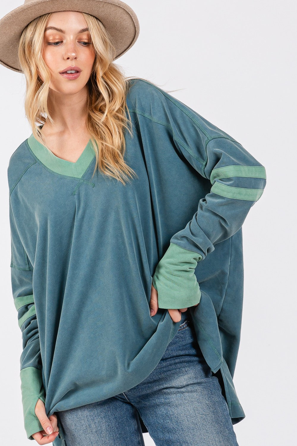 SAGE + FIG Mineral Wash Contrast Oversized V-Neck Tunic Top in Teal Blue Multi