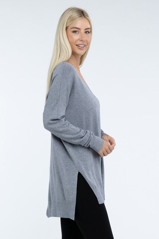 Zenana Front Seam Side Slit V-Neck Tunic Sweater in 5 Colors