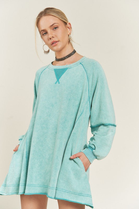 Jade by Jane Color Washed Raw Flare Hem Tunic Sweatshirt in Teal and Pink