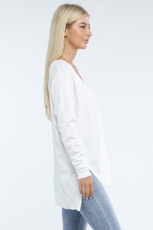 Zenana Front Seam Side Slit V-Neck Tunic Sweater in 5 Colors