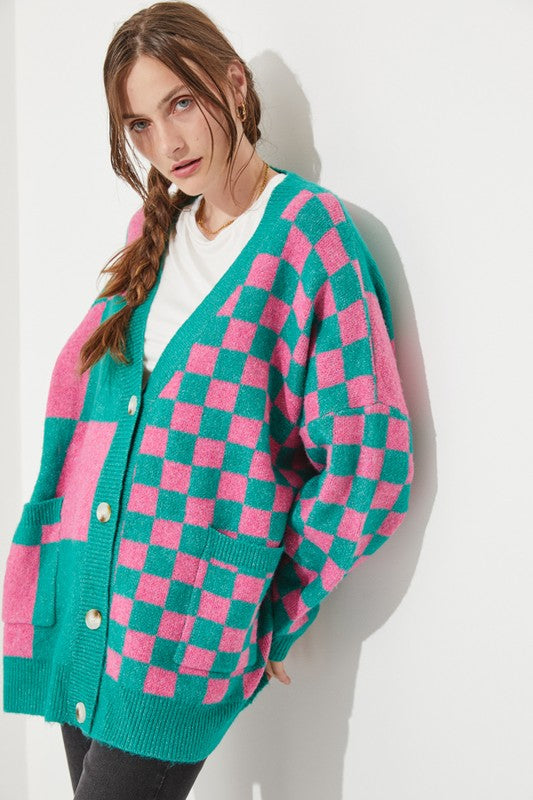 Jade By Jane Plus Size Oversized Checkered V-Neck Tunic Cardigan Sweater