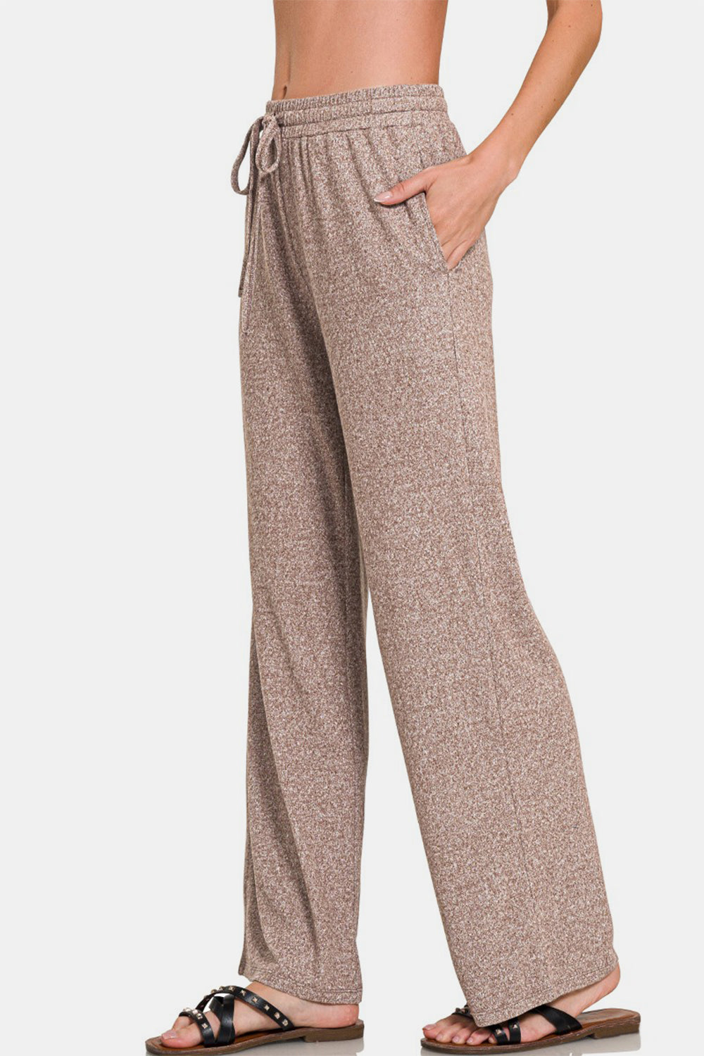 Zenana Drawstring Wide Leg Sweatpants with Side Pockets in Heather Brown