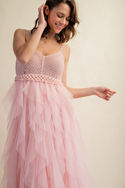 Sweet Generis Crocheted Tulle Cami Midi Dress in Pink or Black