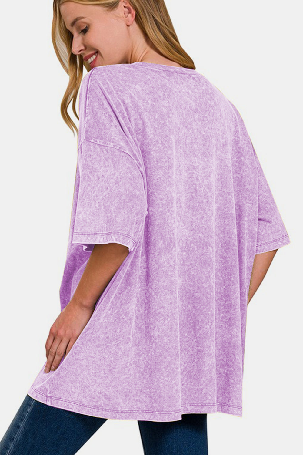 Zenana Color Washed Oversized Round Neck Short Sleeve Tunic T-Shirt in Pink Purple