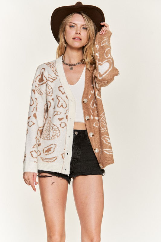 Jade By Jane Plus Size Heart Paisley Color Block V-Neck Cardigan in 2 Colors