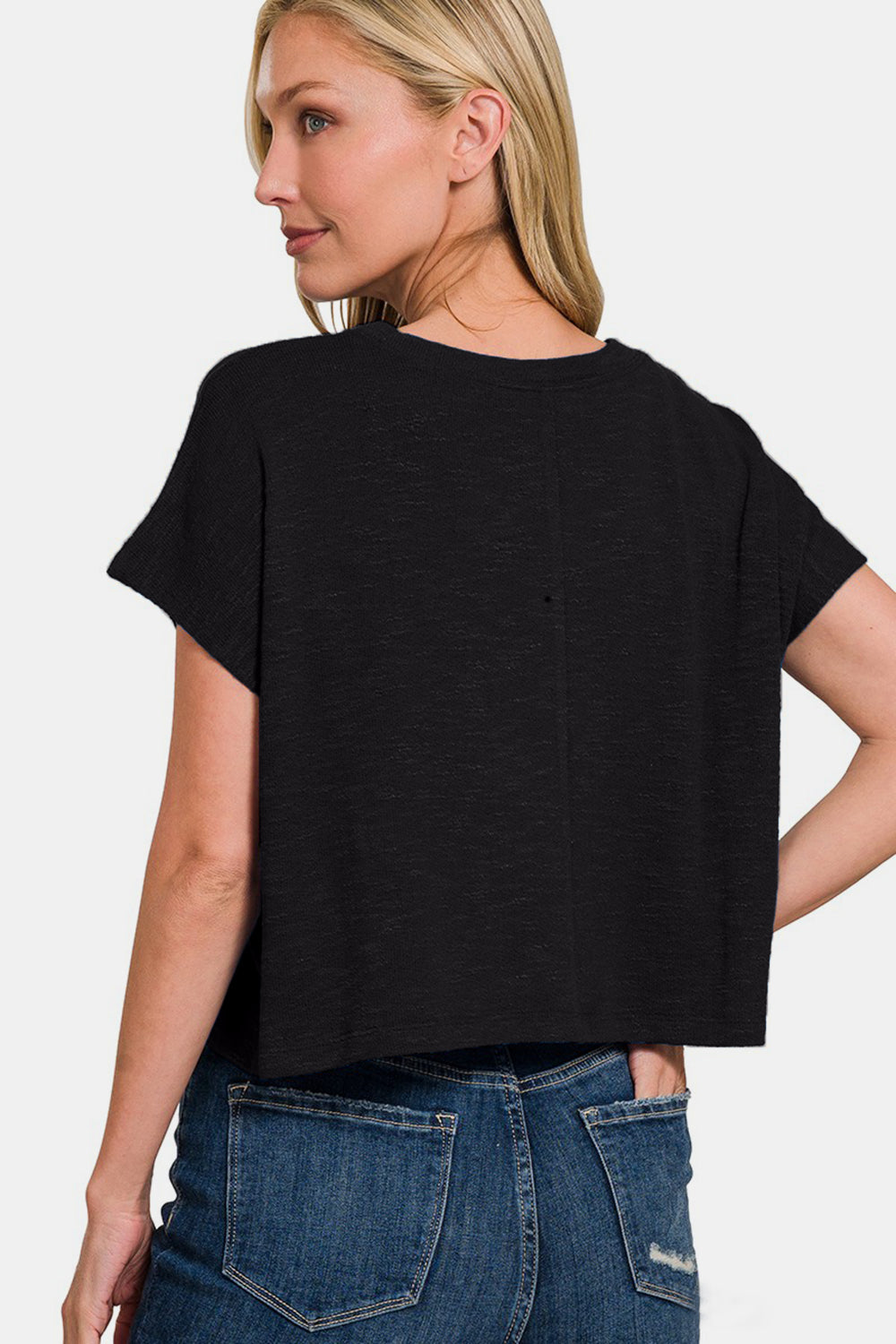 Zenana Cropped Crew Neck T-Shirt in Black