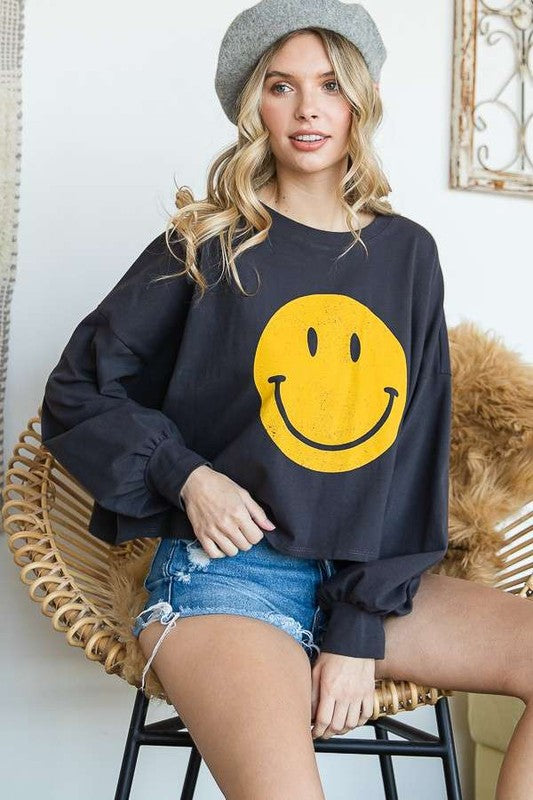 Jade by Jane Plus Size Smiley Face Oversized Long Sleeve Cropped Graphic T-Shirt