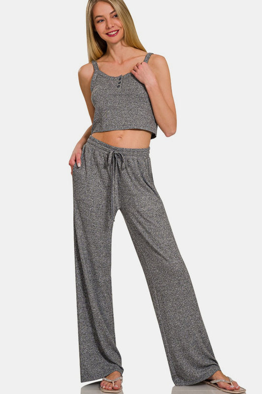 Zenana Wide Leg Drawstring Sweatpants with Pockets in Heathered Black