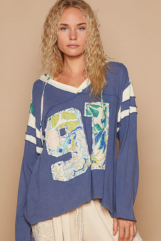 POL Hooded Exposed Seam Number Patch V-Neck T-Shirt Top in Blueberry Multi